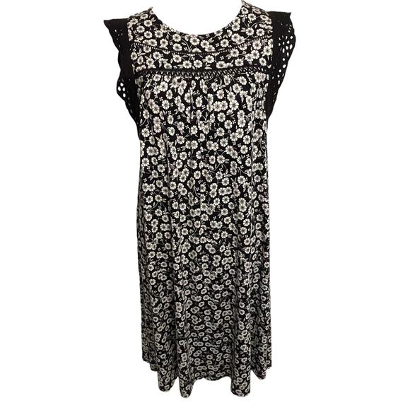 LOFT Black Floral Swing Dress Womens Small/Medium Boho Knit Casual Feminine - Picture 2 of 9